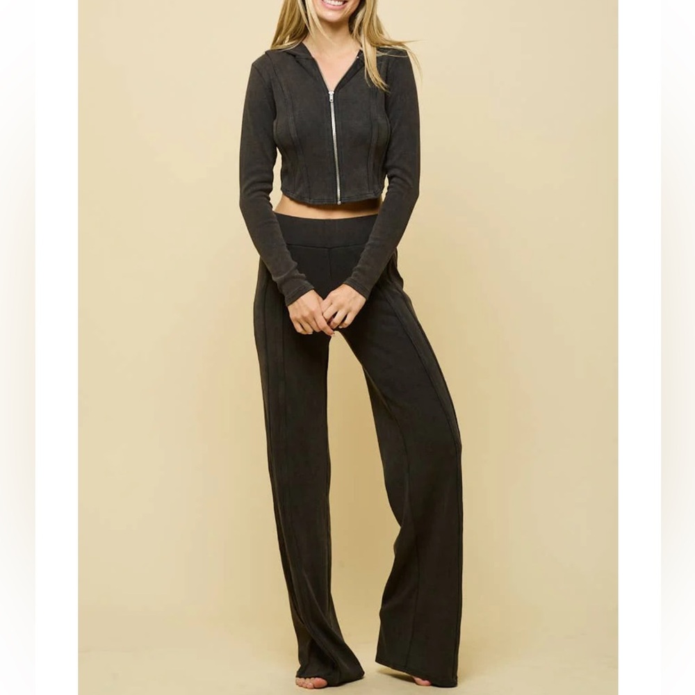 🍒BOGO50%🍒🆕🖤ANWND: BLACK ACID WASH Ribbed Hoodie & Pants Set LARGE